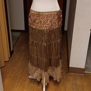 APOLLO CELERY GREEN SATIN SEQUENCE AND LACE MIDI SKIRT